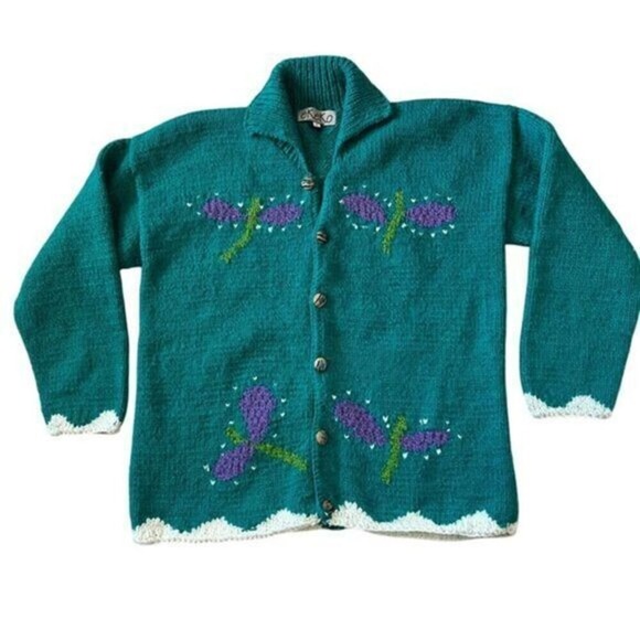 Vintage ekeko Chunky Wool HandKnit Cardigan Sweater Dragonflies Sz Medium Green - Picture 1 of 11
